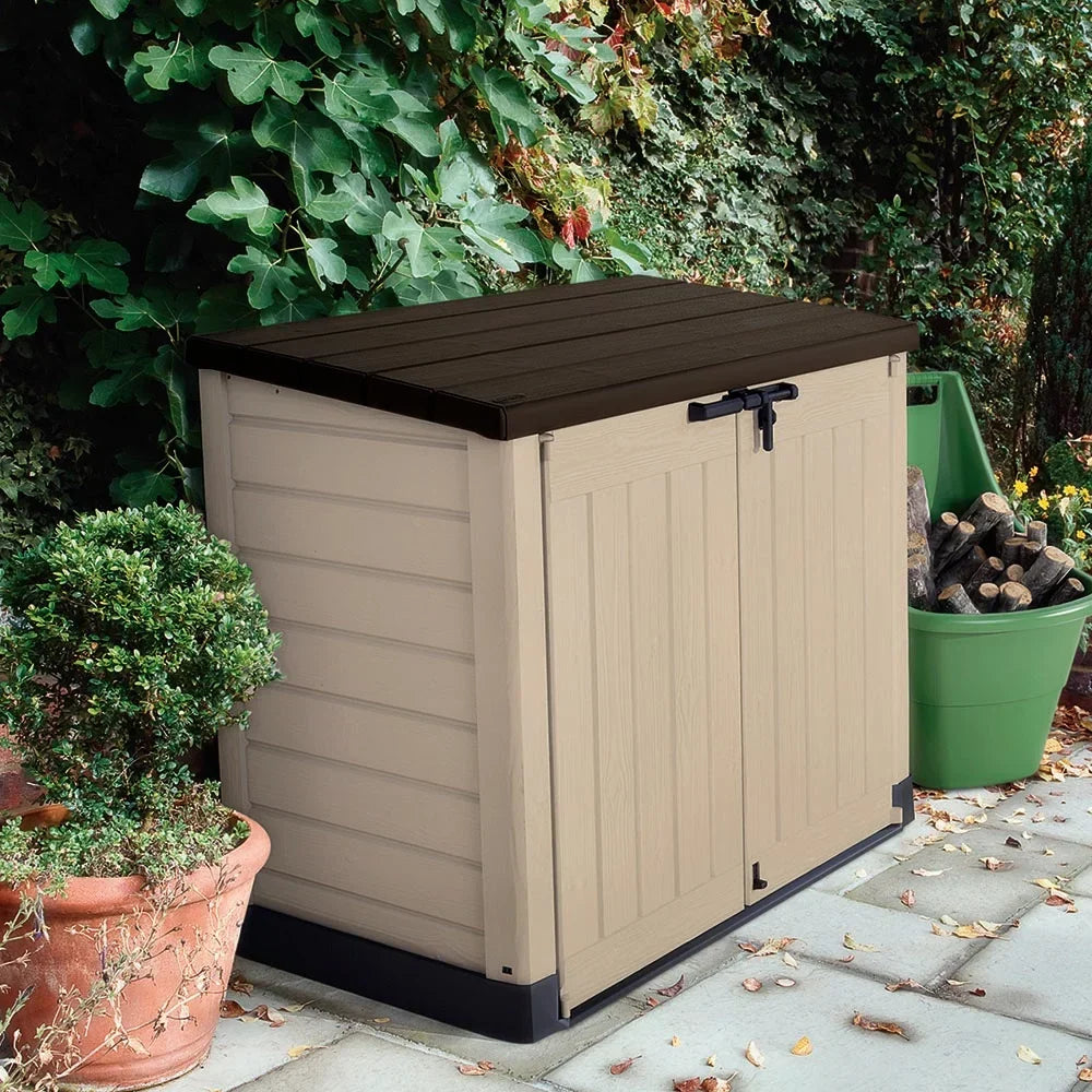 2026 NewKeter Store It Out MAX Horizontal Durable Resin Outdoor Storage Shed With Heavy Duty Floor and Locking Latch and Double Doors, Beige