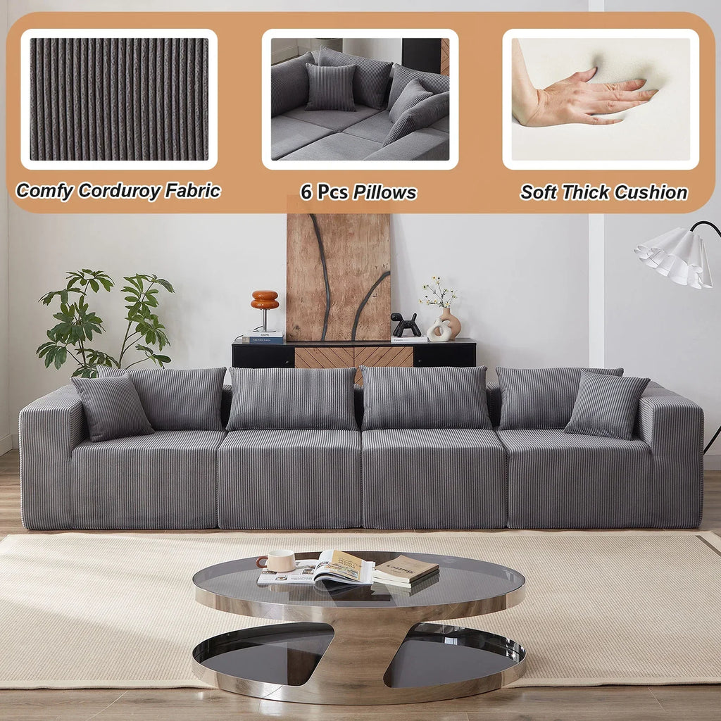 2026 New104-Inch Corduroy Modular L Shaped Sectional Sofa,Luxury Floor Couch Set,Upholstered Indoor Furniture,Foam-Filled Compressed Sofa for Living Room,Bedroom,4 PC Free Combination