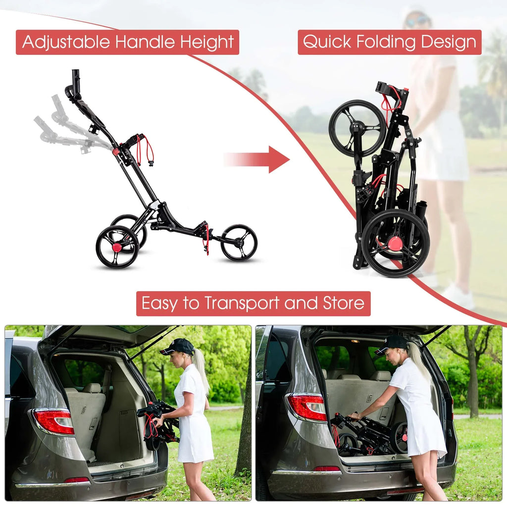 2026 NewCostway Foldable 3 Wheel Steel Golf Pull Push Cart Trolley Club w/ Umbrella Holder