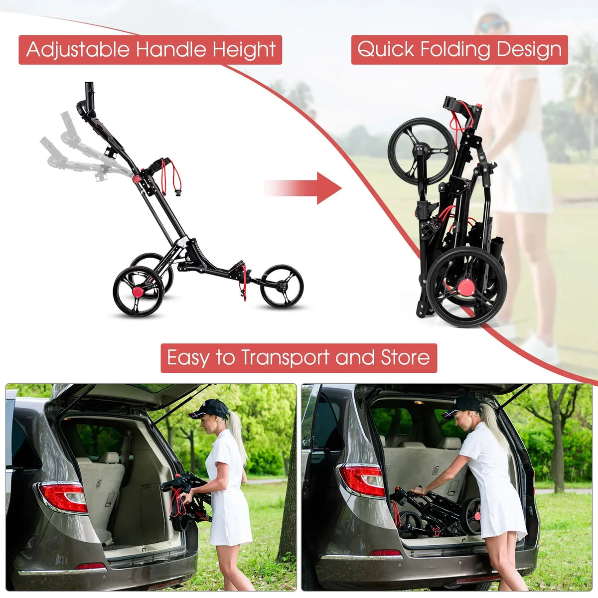 2026 NewCostway Foldable 3 Wheel Steel Golf Pull Push Cart Trolley Club w/ Umbrella Holder