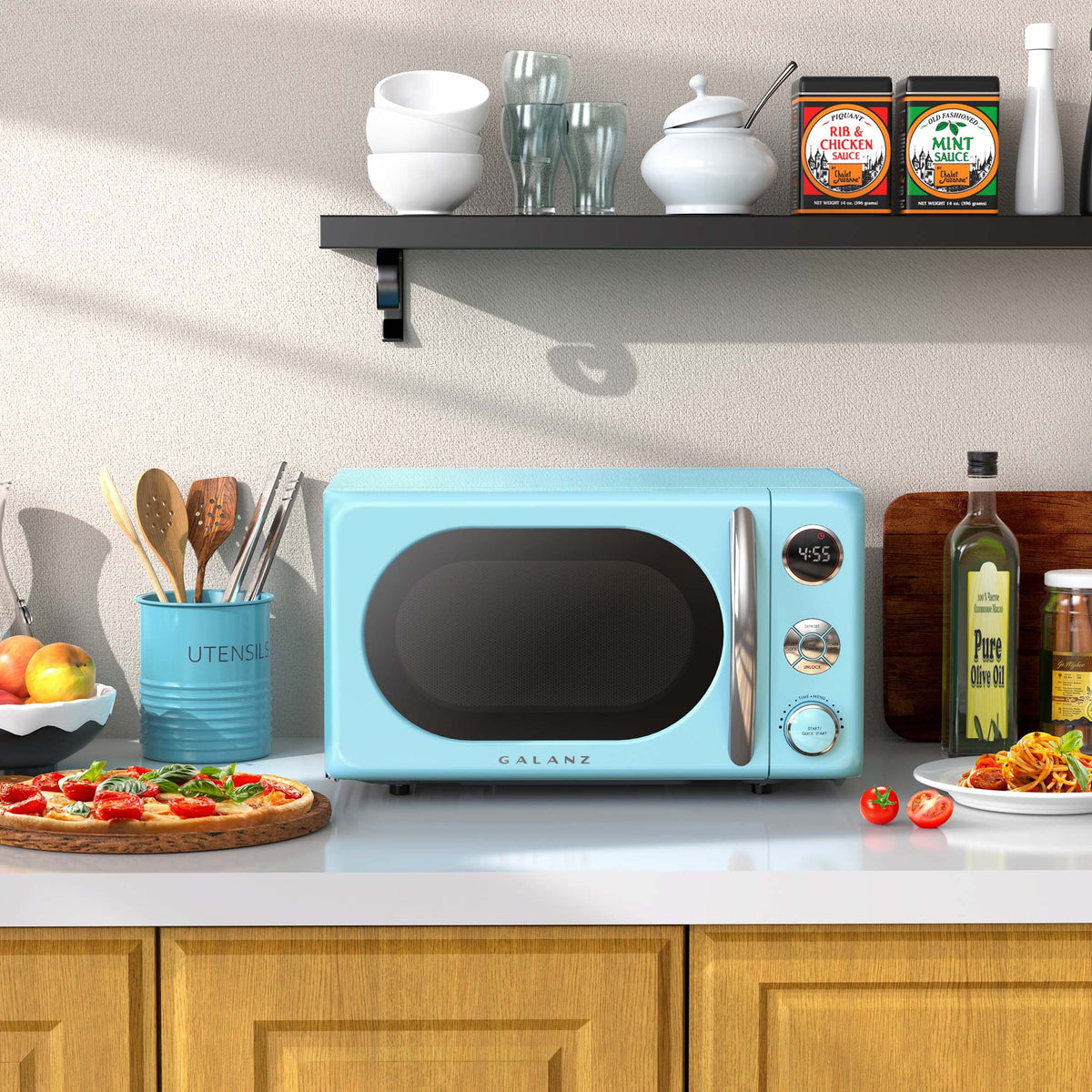 2026 NewGalanz 0.7 Cu ft Retro Countertop Microwave Oven, 700 Watts, Blue, New