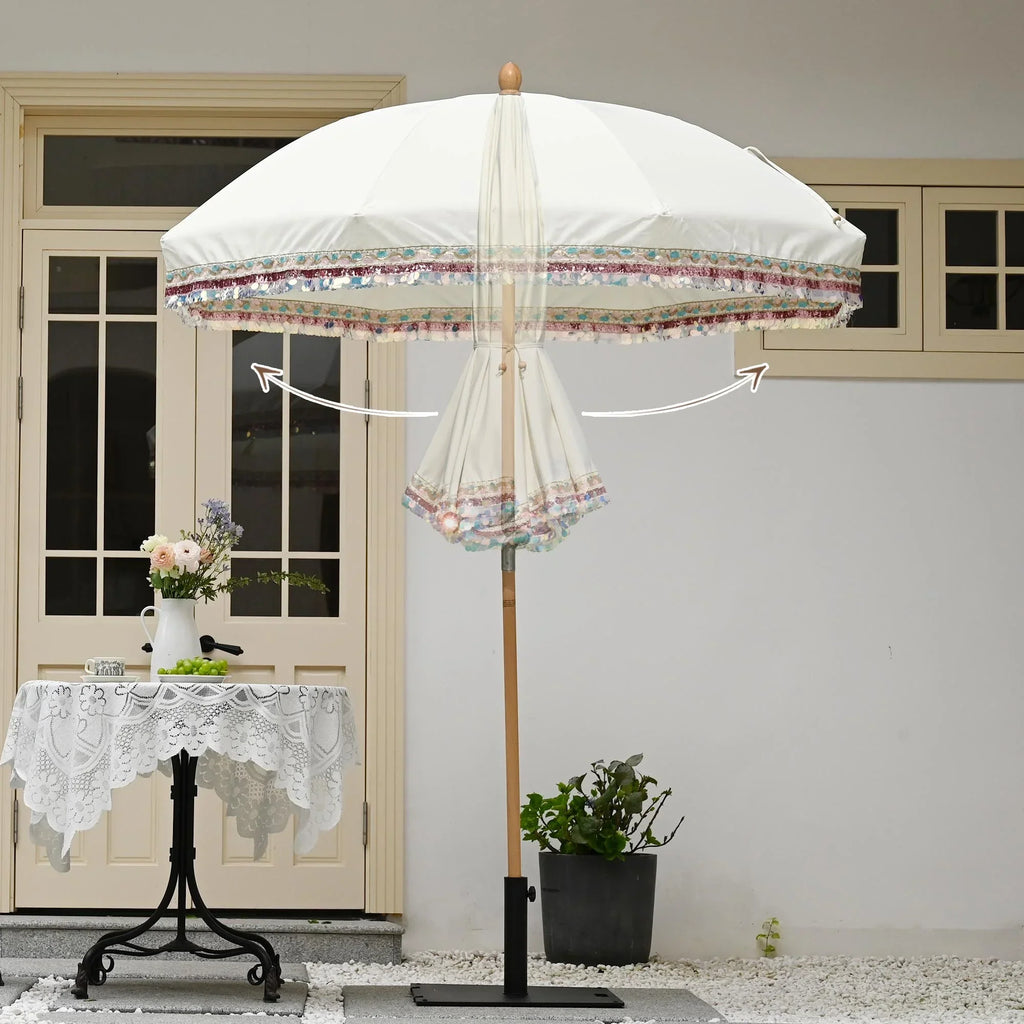 2026 NewLAGarden 6 Ft Fringe Patio Umbrella with Tassel Jazz Age Wood UPF50+ for Outdoor, Beige with gold tassel,Model: JZ6-01
