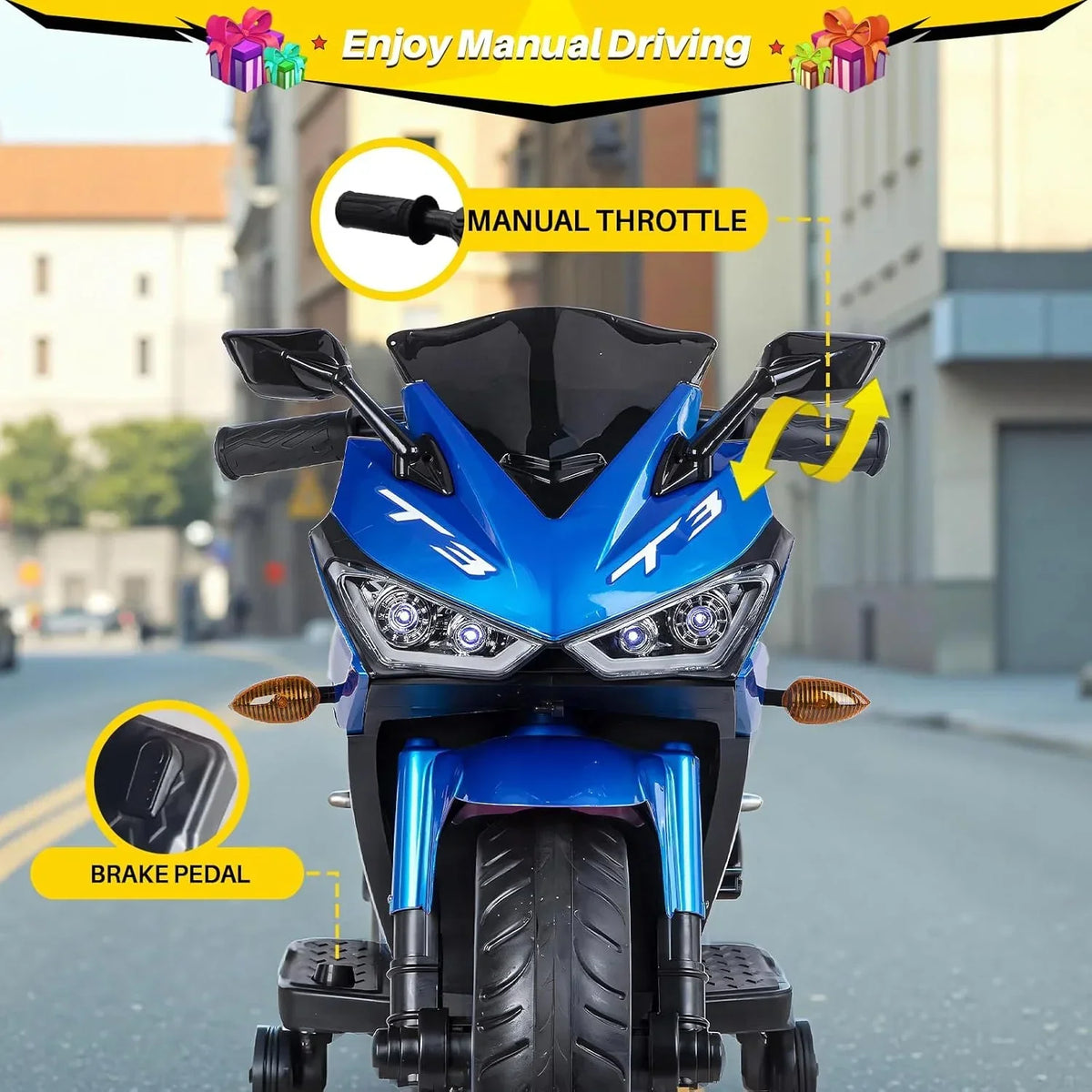 2026 New2 Seats Electric Dirt Bike Motorcycle for Kid 3-8, 12V Kids Motorcycle with Manual Throttle, Lighting Wheels, Music Function, Max Load 99LB (Blue)