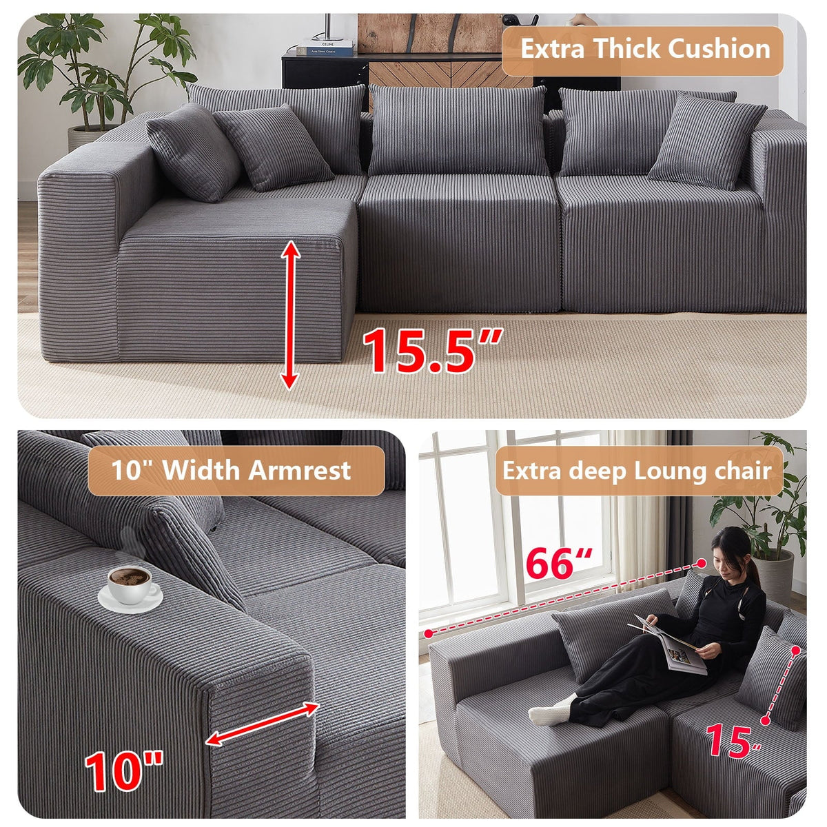 2026 New104-Inch Corduroy Modular L Shaped Sectional Sofa,Luxury Floor Couch Set,Upholstered Indoor Furniture,Foam-Filled Compressed Sofa for Living Room,Bedroom,4 PC Free Combination