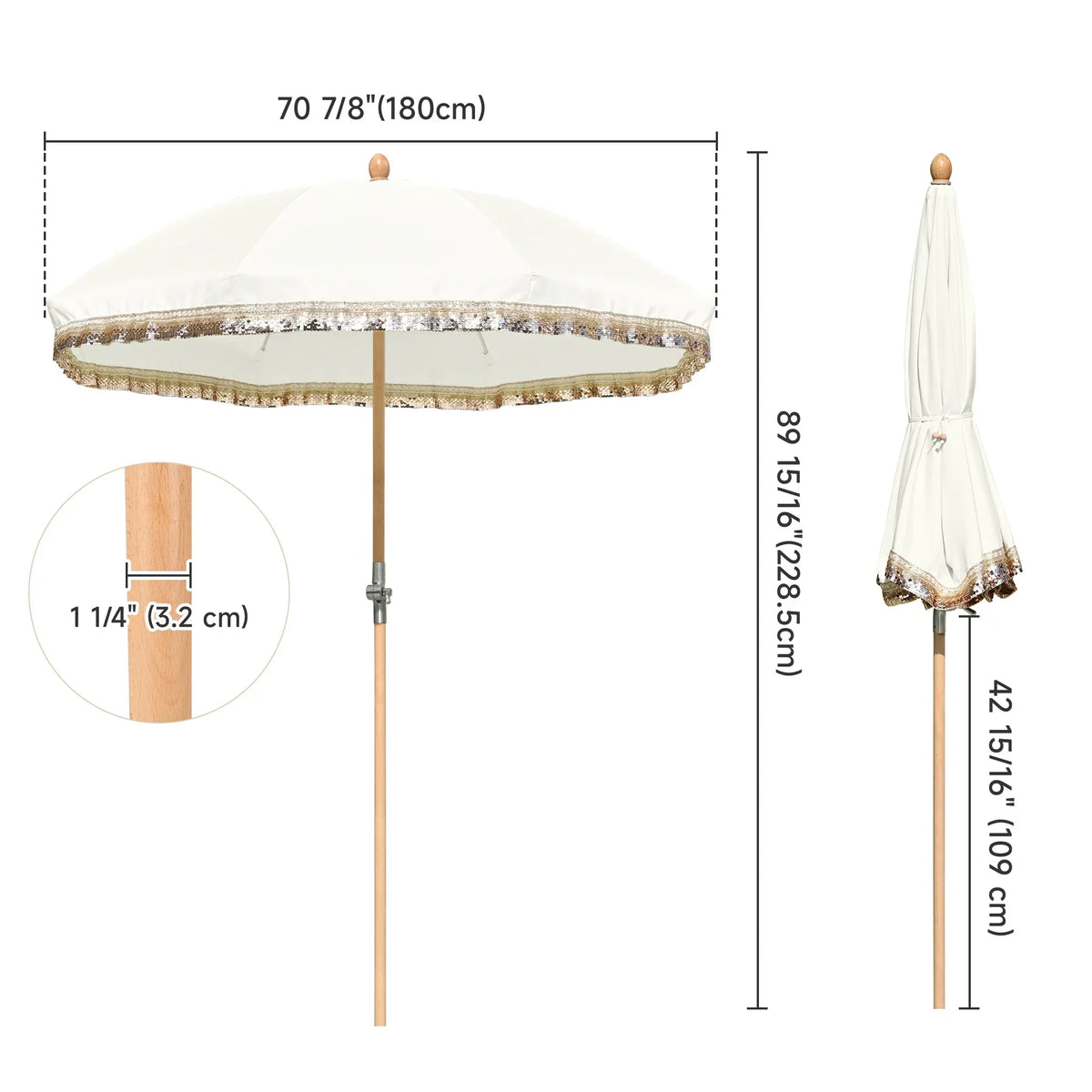 2026 NewLAGarden 6 Ft Fringe Patio Umbrella with Tassel Jazz Age Wood UPF50+ for Outdoor, Beige with gold tassel,Model: JZ6-01
