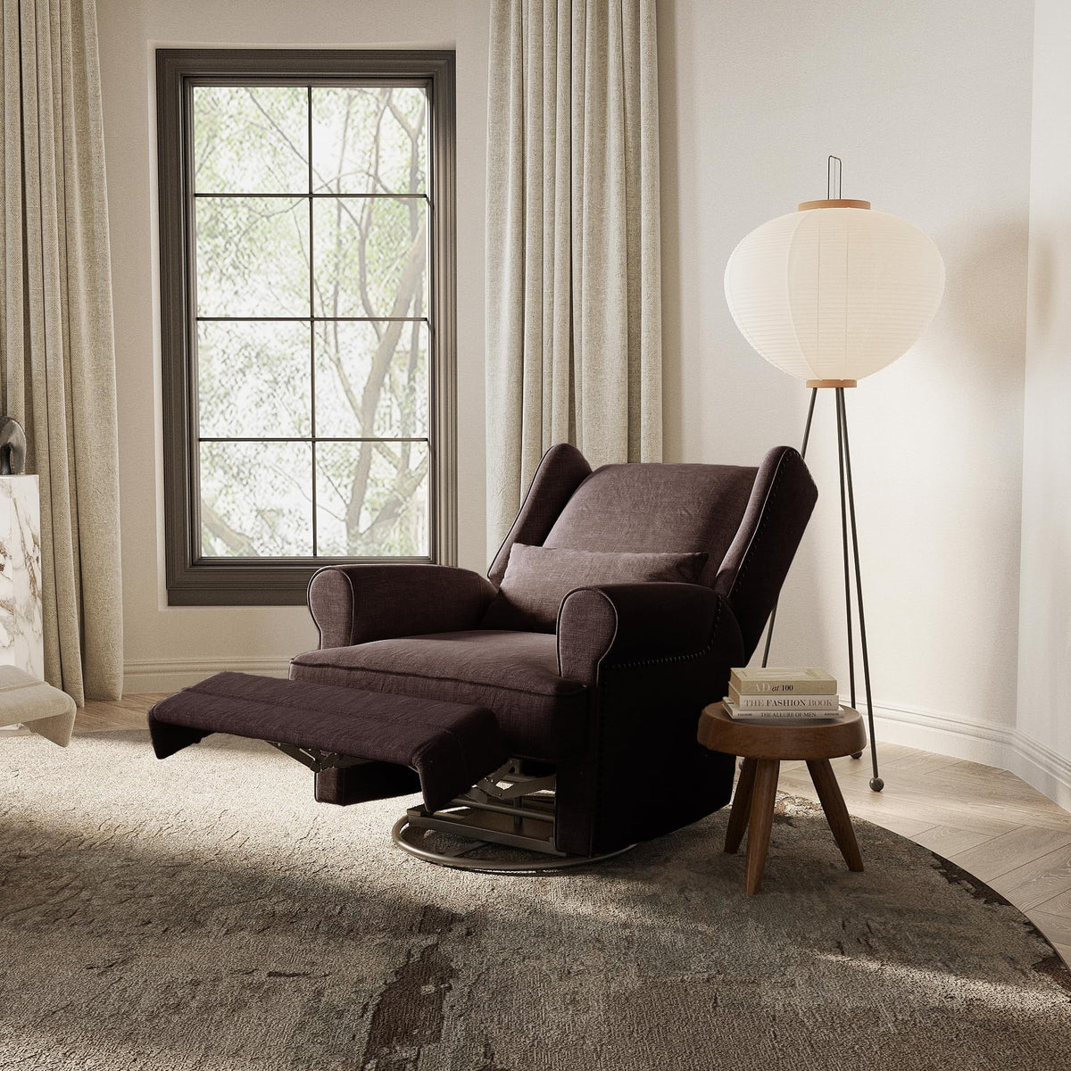 2026 NewRoyalcraft Swivel Nursery Glider Recliner, Comfy Upholstered Glider Chair with Lumbar Pillow and Footrest, Beige