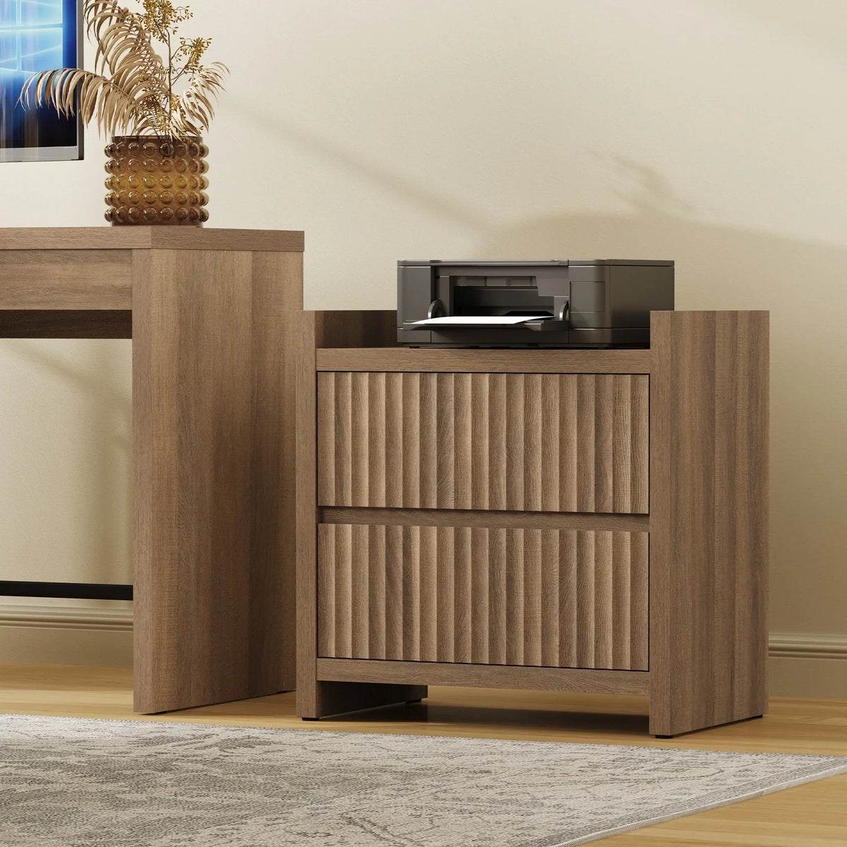 2026 NewSICOTAS 25.4" Wide Nightstand Set of 2 with Charging Station, Modern Night Stand with 2 Fluted Dresser & Handle-Less Storage Farmhouse Bed Side Table for Bedroom, Natural Oak
