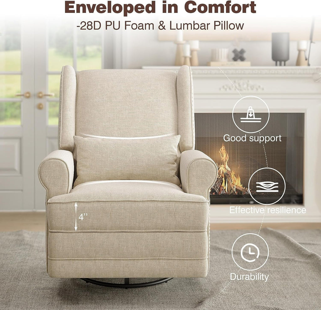2026 NewRoyalcraft Swivel Nursery Glider Recliner, Comfy Upholstered Glider Chair with Lumbar Pillow and Footrest, Beige