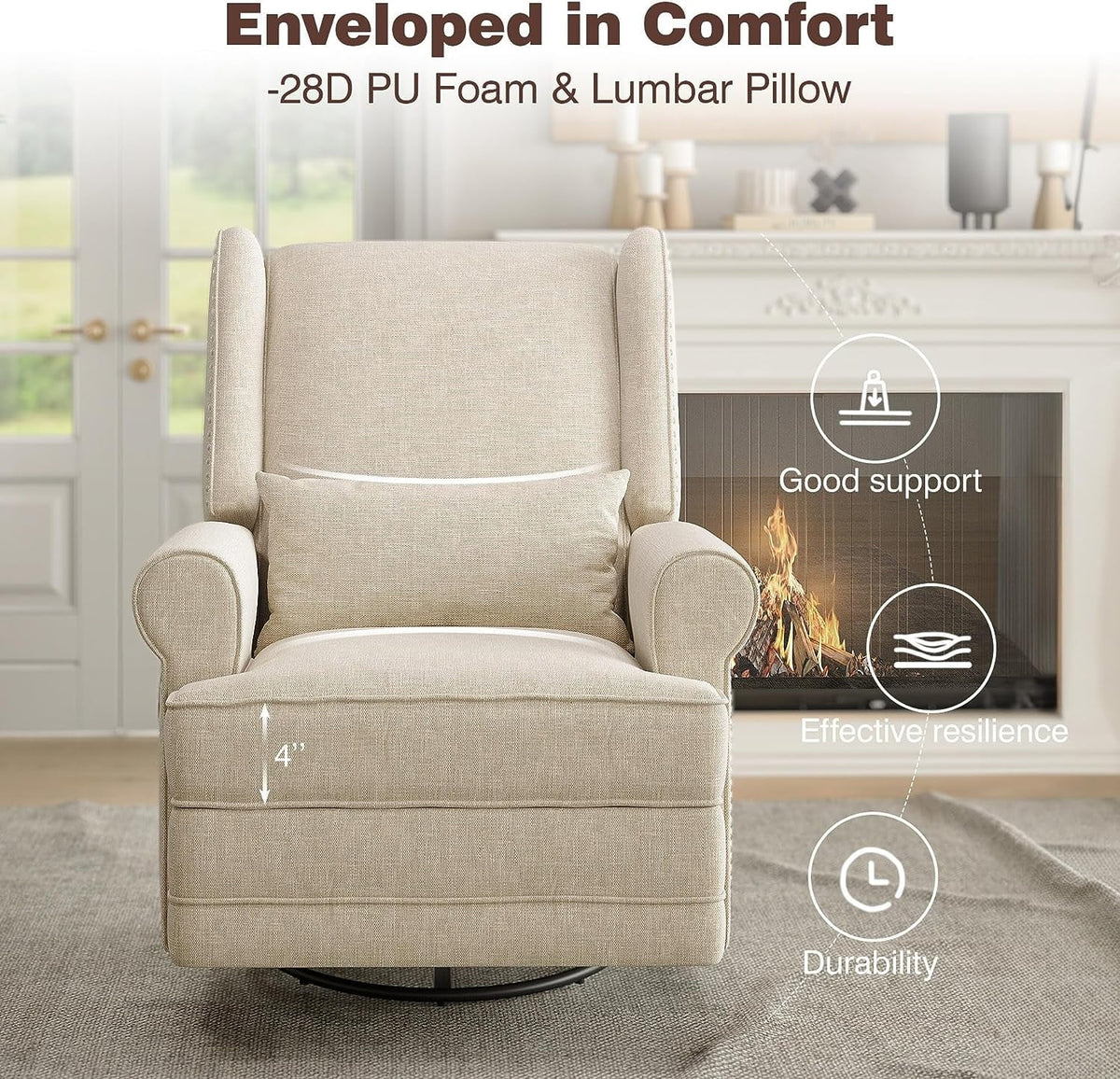 2026 NewRoyalcraft Swivel Nursery Glider Recliner, Comfy Upholstered Glider Chair with Lumbar Pillow and Footrest, Beige