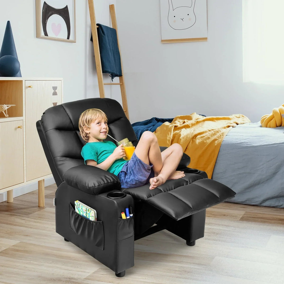 2026 NewInfans Kids Youth Recliner Chair PU Leather w/Cup Holders & Side Pockets Black