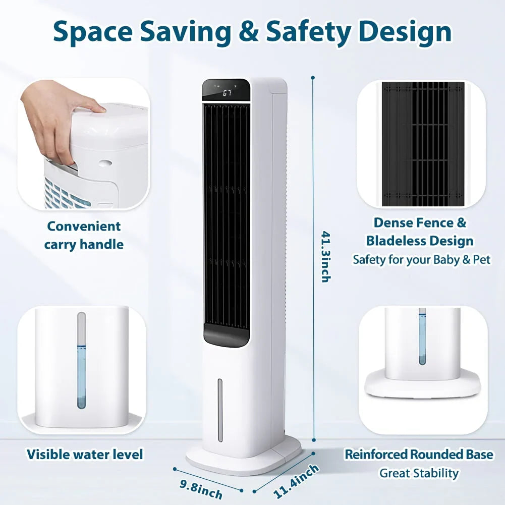 2026 New3-in-1 Evaporative Air Cooler LifePlus Portable Tower Cooling Fan Oscillating Swamp Cooler 41.5" White