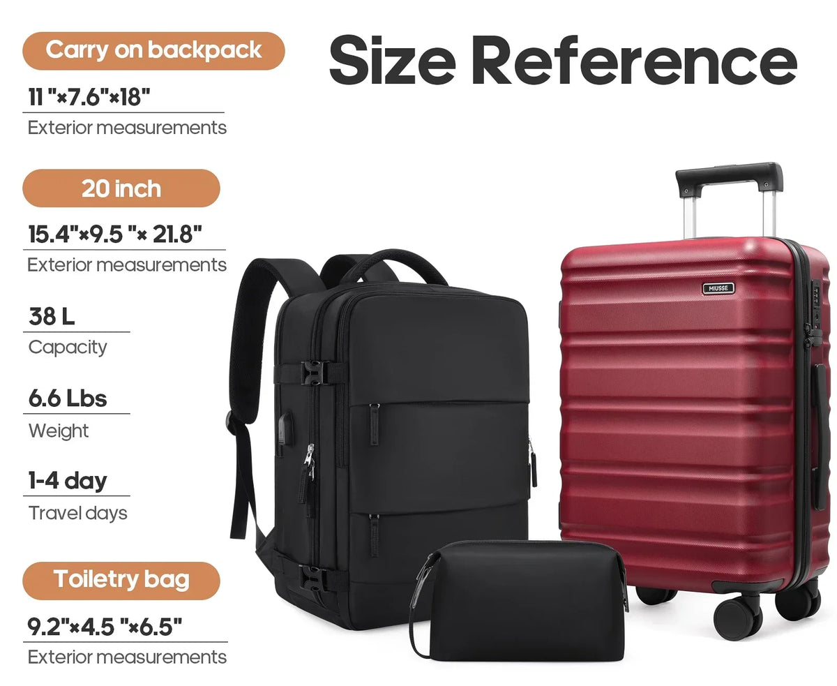 2026 NewMIUSSE Luggage Sets 3 Piece, 20 Inch Carry On Luggage with Wheels, 100% PC Hardshell Suitcase with TSA Lock, Carry On Suitcases Airline Approved With Travel Backpack for Men Women