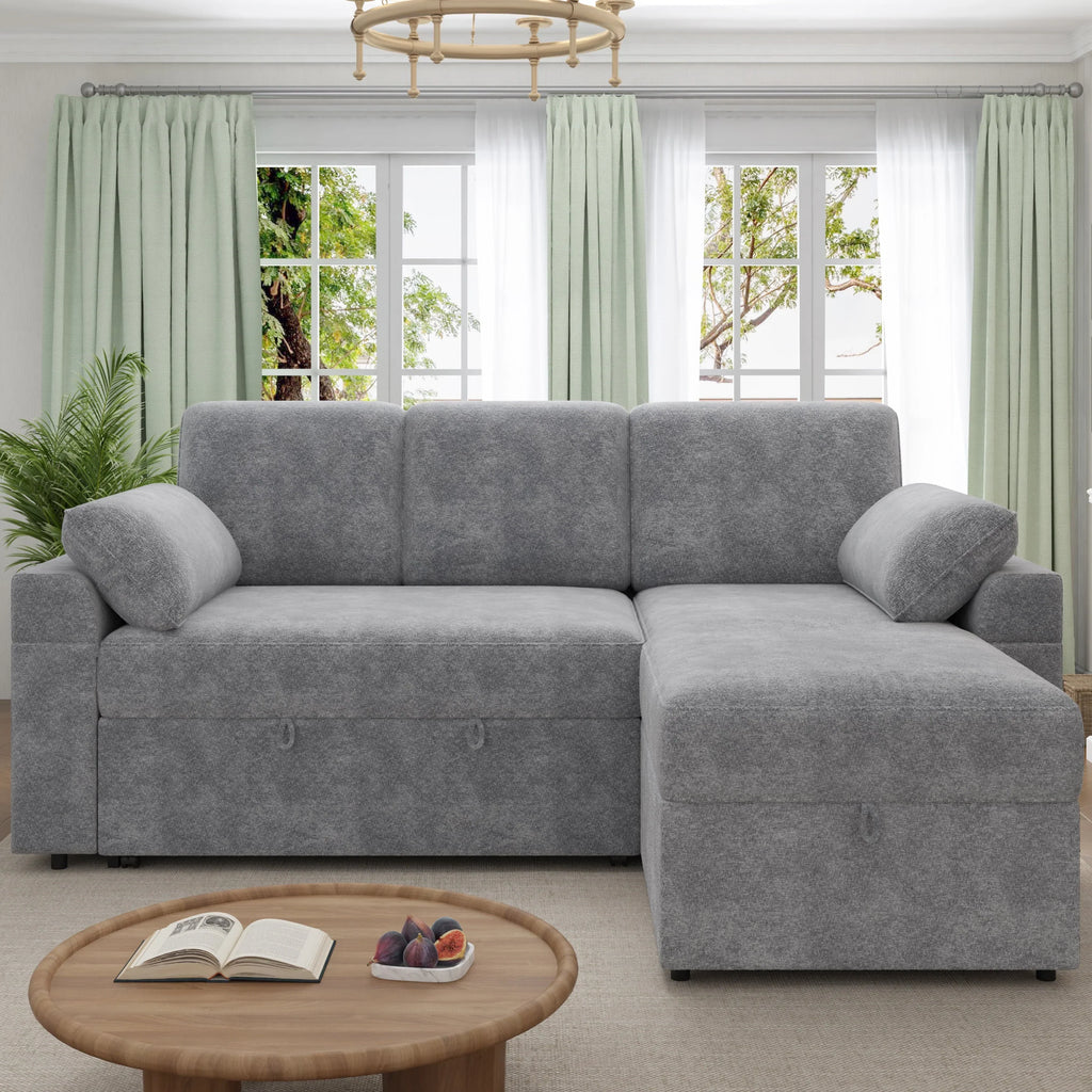 2026 NewVANACC Sofa Bed, Adult Sleeper Sofa with Storage Chaise, Pull Out Couch for Bed Room, Gray Chenille