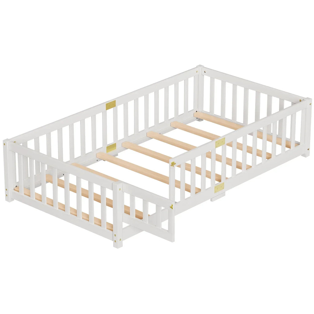 2026 NewSlsy Twin Size Toddler Floor Bed, Solid Wood Montessori Bed Frame with Fence & Door Montessori Floor Bed Crib with Safety Guardrails for Girls and Boys
