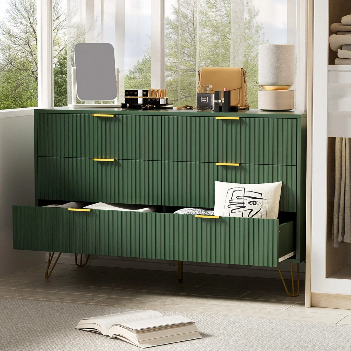 2026 NewFURNIWAY White 6 Drawer Dresser for Bedroom, Modern Dresser with Gold Metal Handles,Fluted Wood TV Stand for Living Room, Hallway