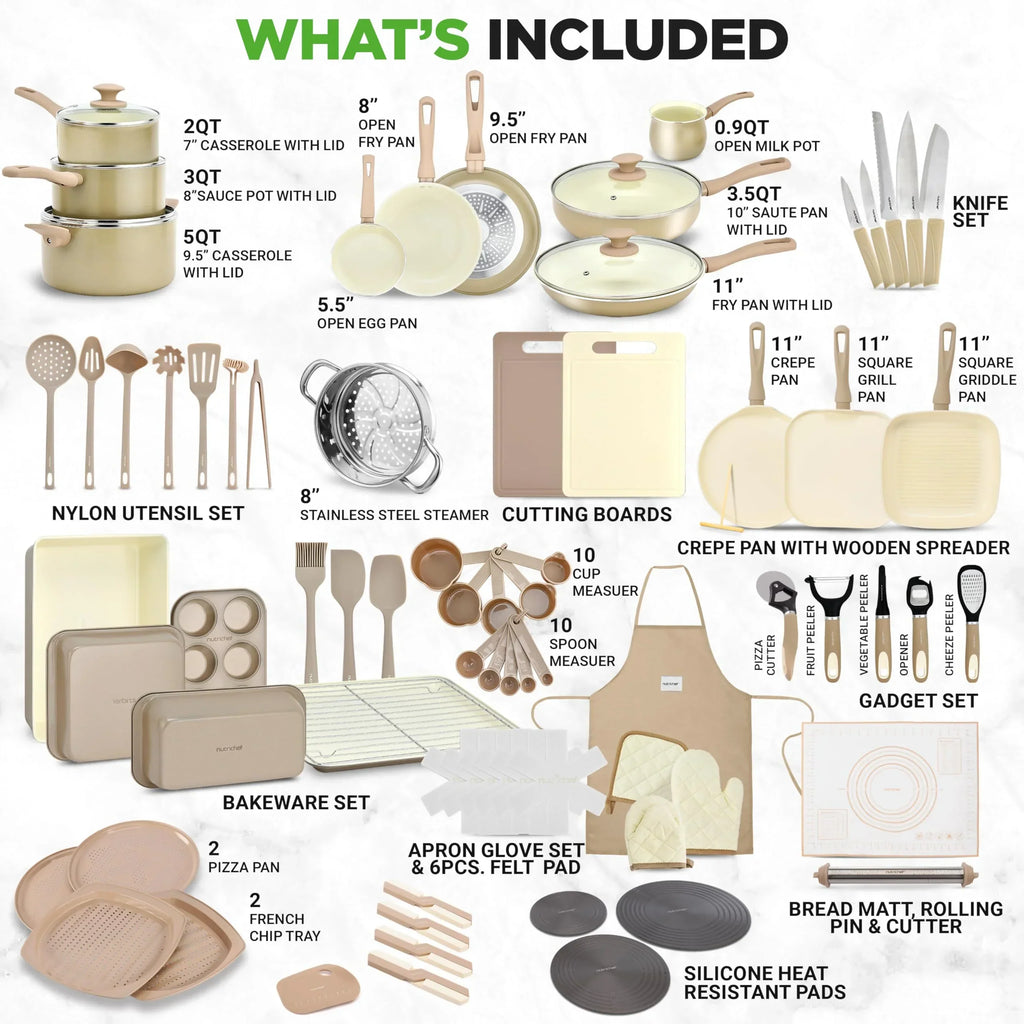 2026 NewNutriChef 75-Piece Non-Stick Pots and Pans Set, Complete Ceramic Cookware Set with Bakeware, Utensils, Knife Set, & Accessories, Stain-Resistant, Food-Grade Safe, Cream/Brown