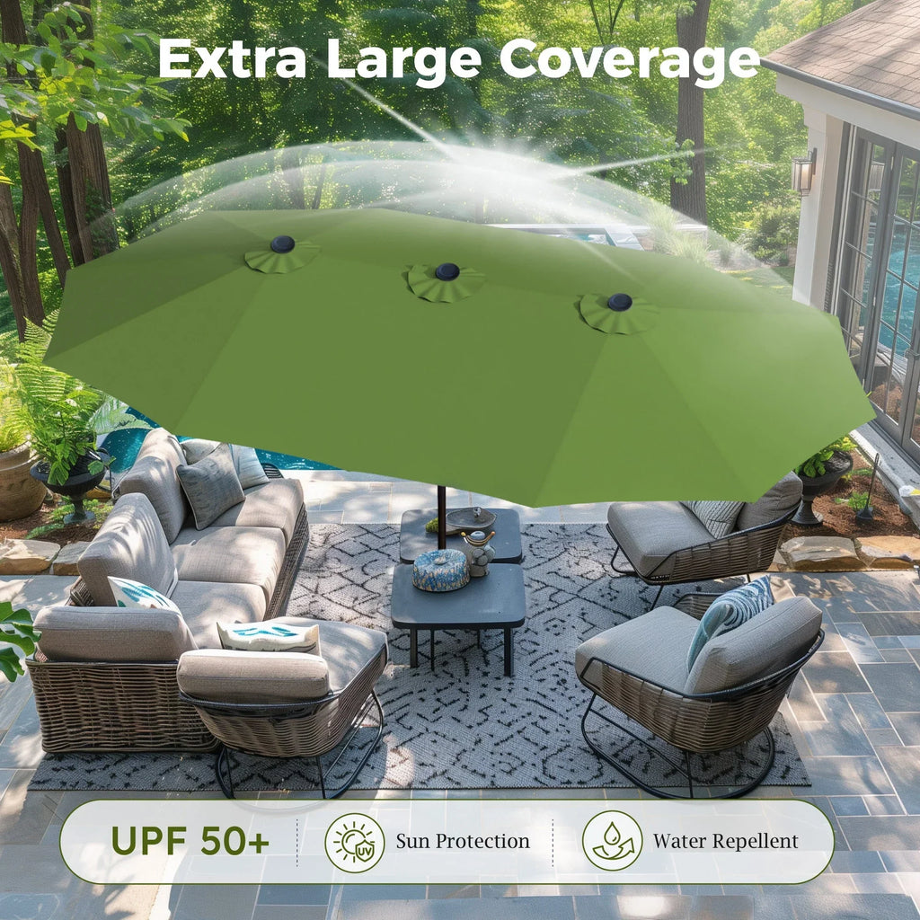 2026 NewAlpha Joy 15ft Outdoor Patio Umbrella Extra-Large Double-Sided Garden Umbrella with Crank Handle and Base - Smoky Gray