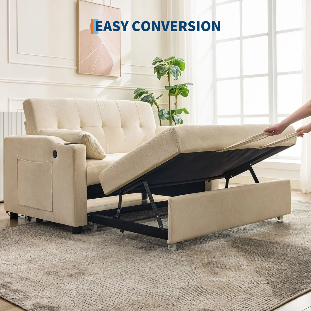 2026 New3 in 1 Convertible Sleeper Sofa Bed, Corduroy Futon Couches with Pull-Out Bed, Adjustable Backrest, Charging Port & Side Pockets, Modern Upholstered Sofa for Living Room, Guest Room