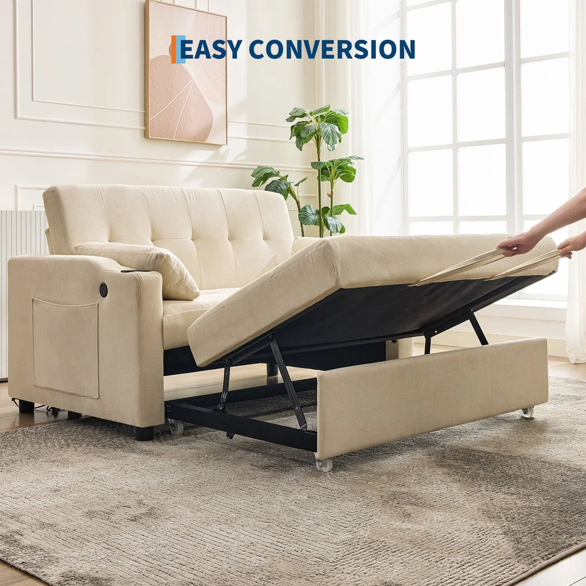 2026 New3 in 1 Convertible Sleeper Sofa Bed, Corduroy Futon Couches with Pull-Out Bed, Adjustable Backrest, Charging Port & Side Pockets, Modern Upholstered Sofa for Living Room, Guest Room