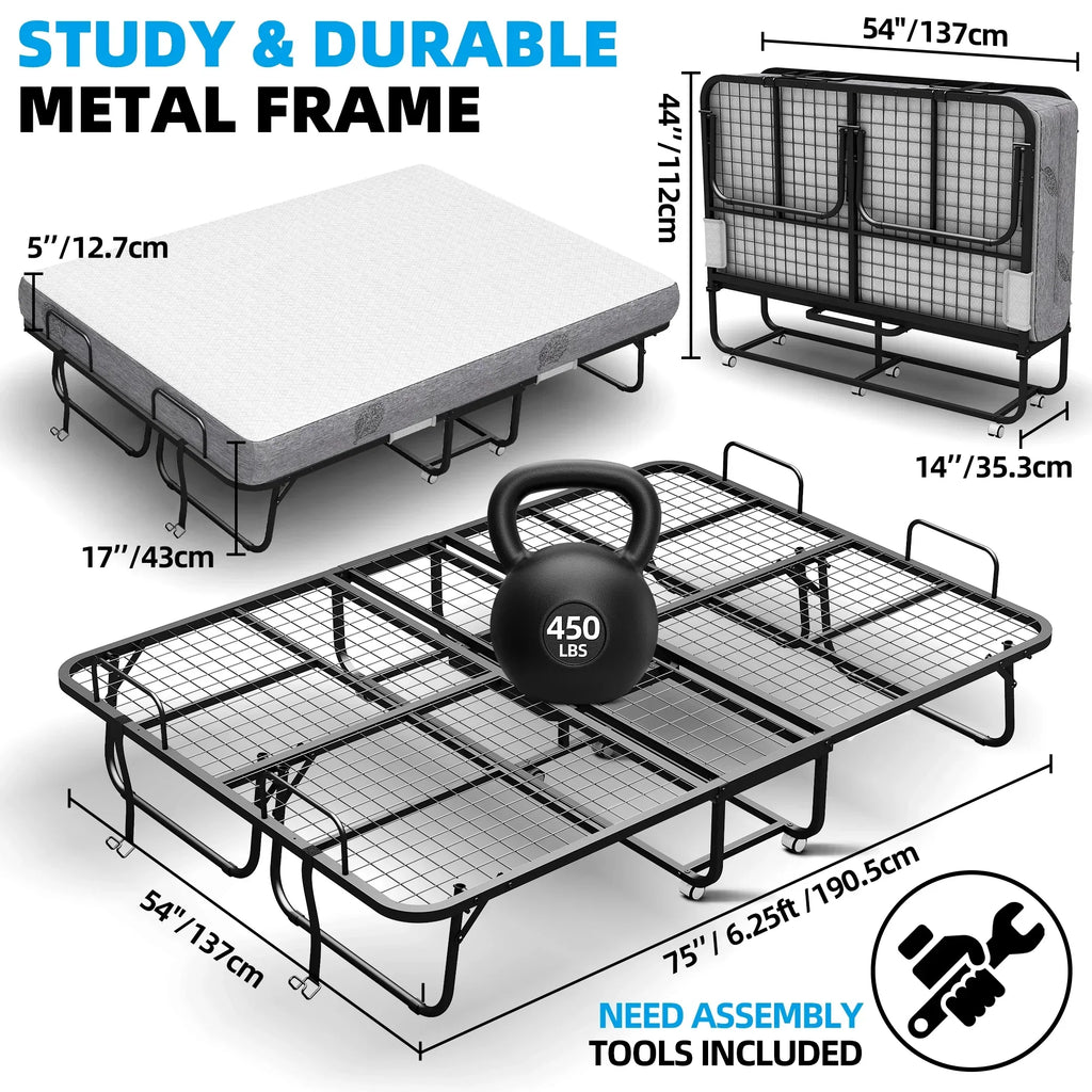2026 NewFolding Bed with Mattress 75" x 31" Cot Size Folded Bed, Rollaway Guest Bed Portable Foldable Extra Bed for Adults Daybed with 5" Memory Foam Mattress Space-Saving Sturdy Metal Grid Frame