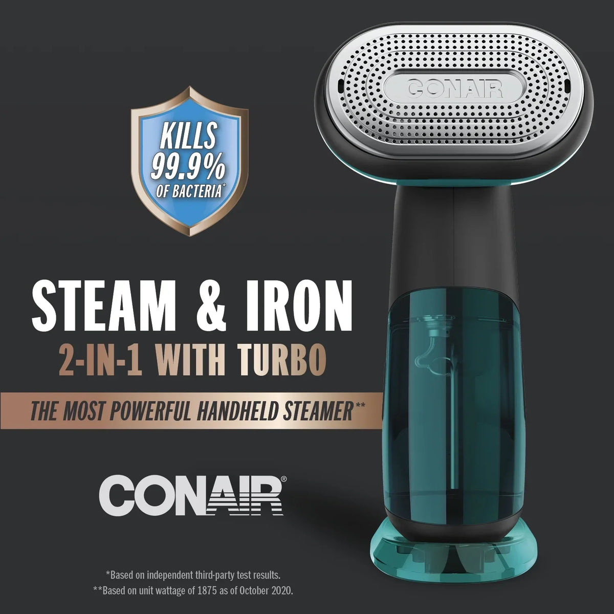 2026 NewConair Turbo ExtremeSteam 1875 Watt Handheld Fabric, 2-in-1 Steam and Iron Garment Steamer, One Size, Black/Green GS107