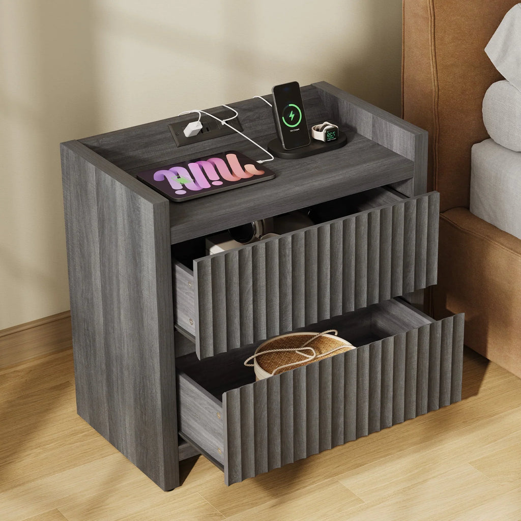 2026 NewSICOTAS 25.4" Wide Nightstand Set of 2 with Charging Station, Modern Night Stand with 2 Fluted Dresser & Handle-Less Storage Farmhouse Bed Side Table for Bedroom, Natural Oak