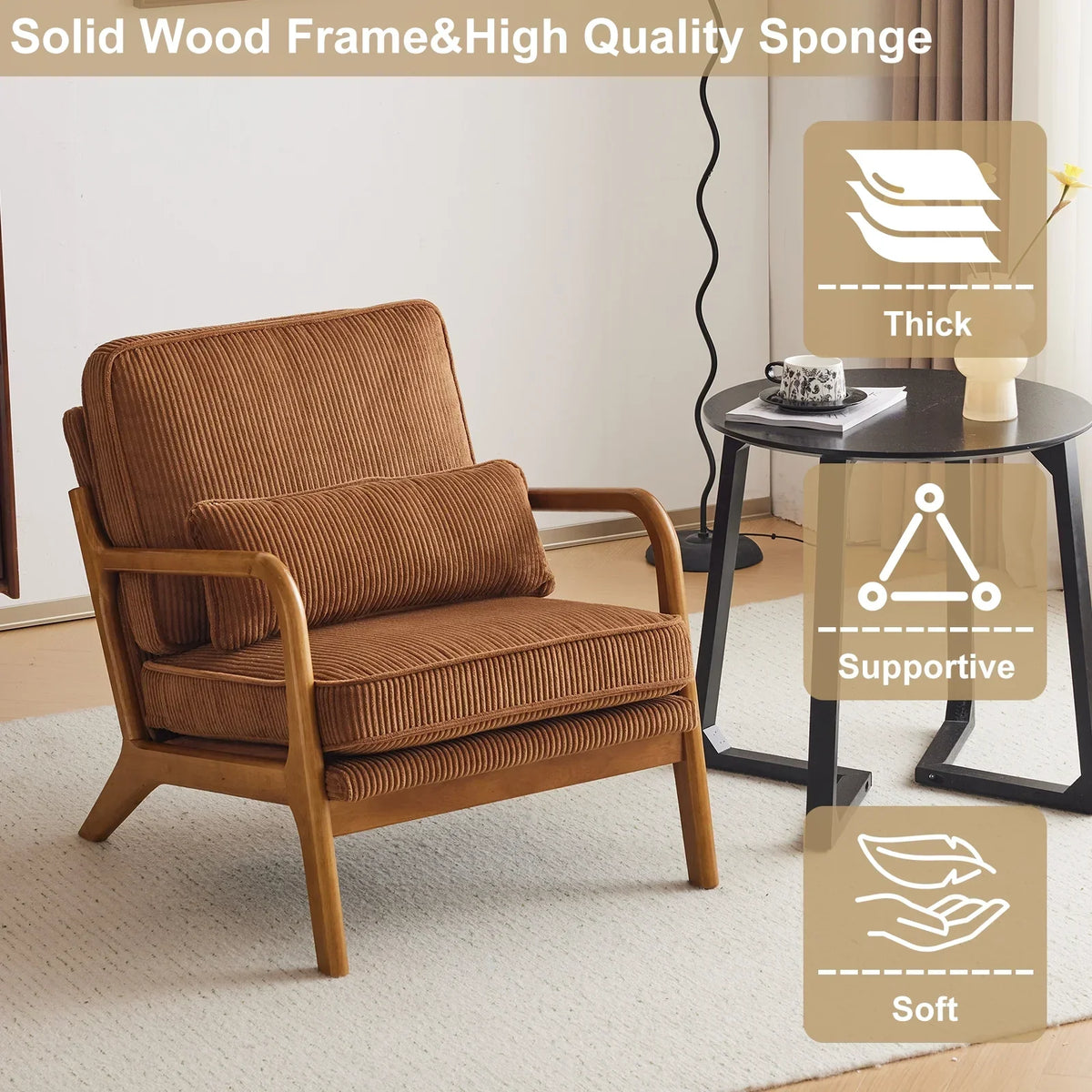 2026 NewKtaxon Accent Chair Corduroy Upholstered Armchair, Reading Club Chair with Pillow and Solid Wood Frame for Living Room Bedroom Furniture Off White