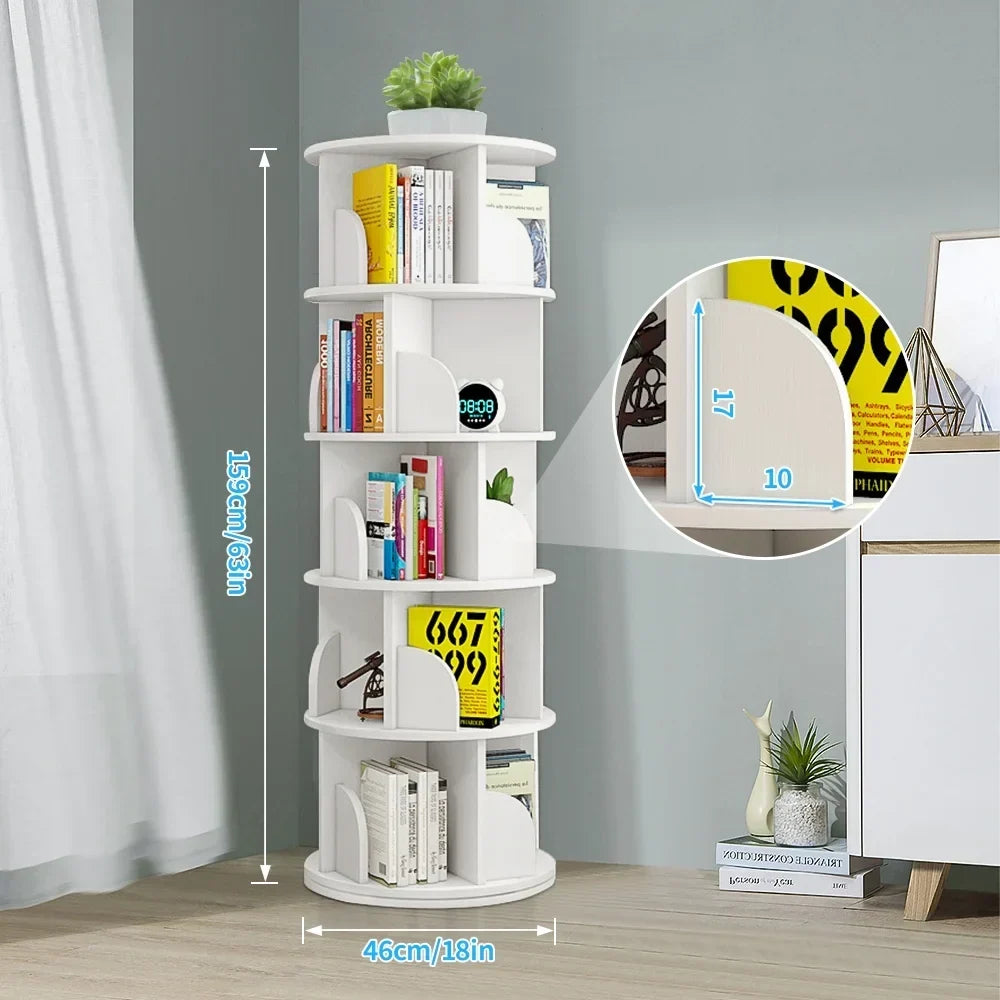 2026 NewBimiti 5 Tier Rotating Bookshelf, 360?" Revolving Bookcase 20 Shelves Floor-Standing Storage Display Rack - White 63"x18"x18", Adult