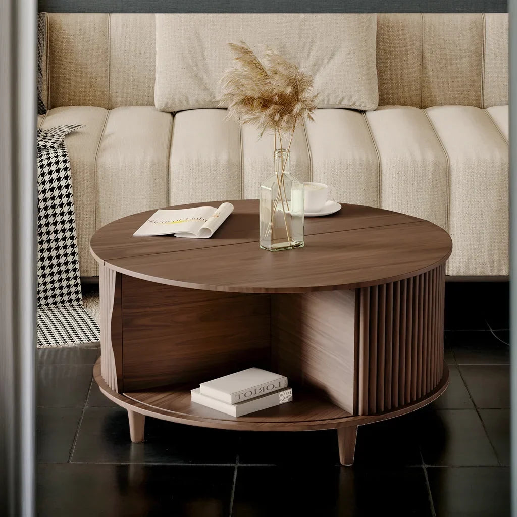 2026 NewJOINICE Round Coffee Table with Storage and Sliding Door,Mid Century Modern Wooden Center Table,for Living Room,Walnut