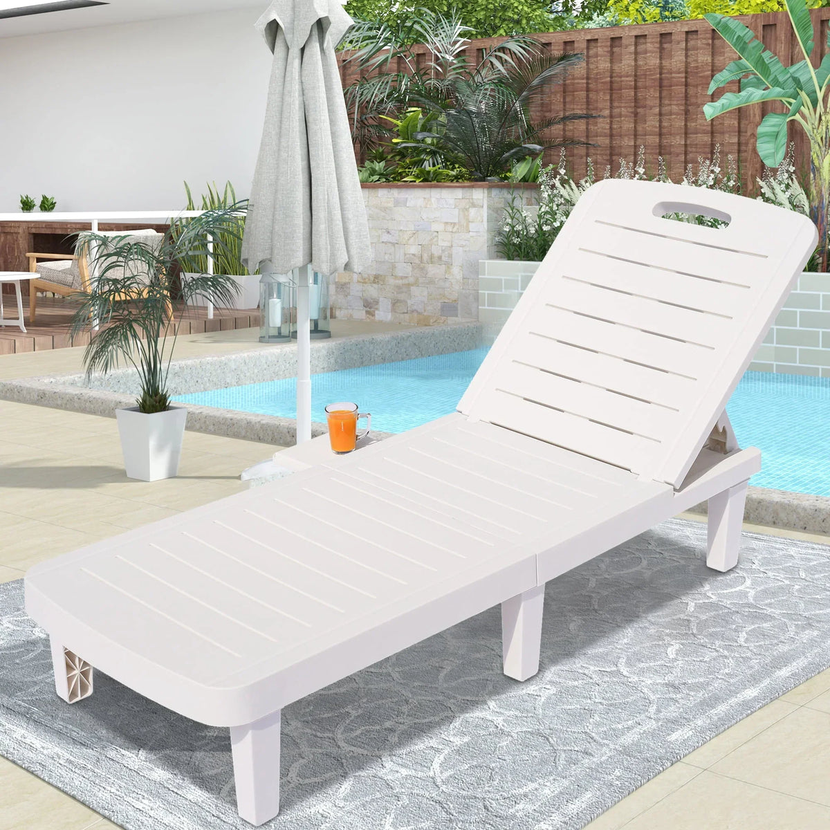 2026 NewPatio Lounge Chair Set of 2, Adjustable Chaise with Side Table, Outdoor Lounger Recliner for Poolside, Patio, Backyard, Wood Texture Design | Waterproof | Easy to Assemble | Max Weight 330 lbs White