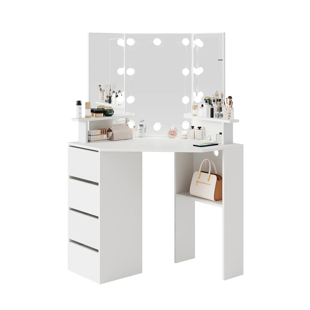 2026 NewVeanerwood White Corner Vanity Desk with Mirror and Light,Makeup Table with 4 Drawers and Charging Station for Bedroom