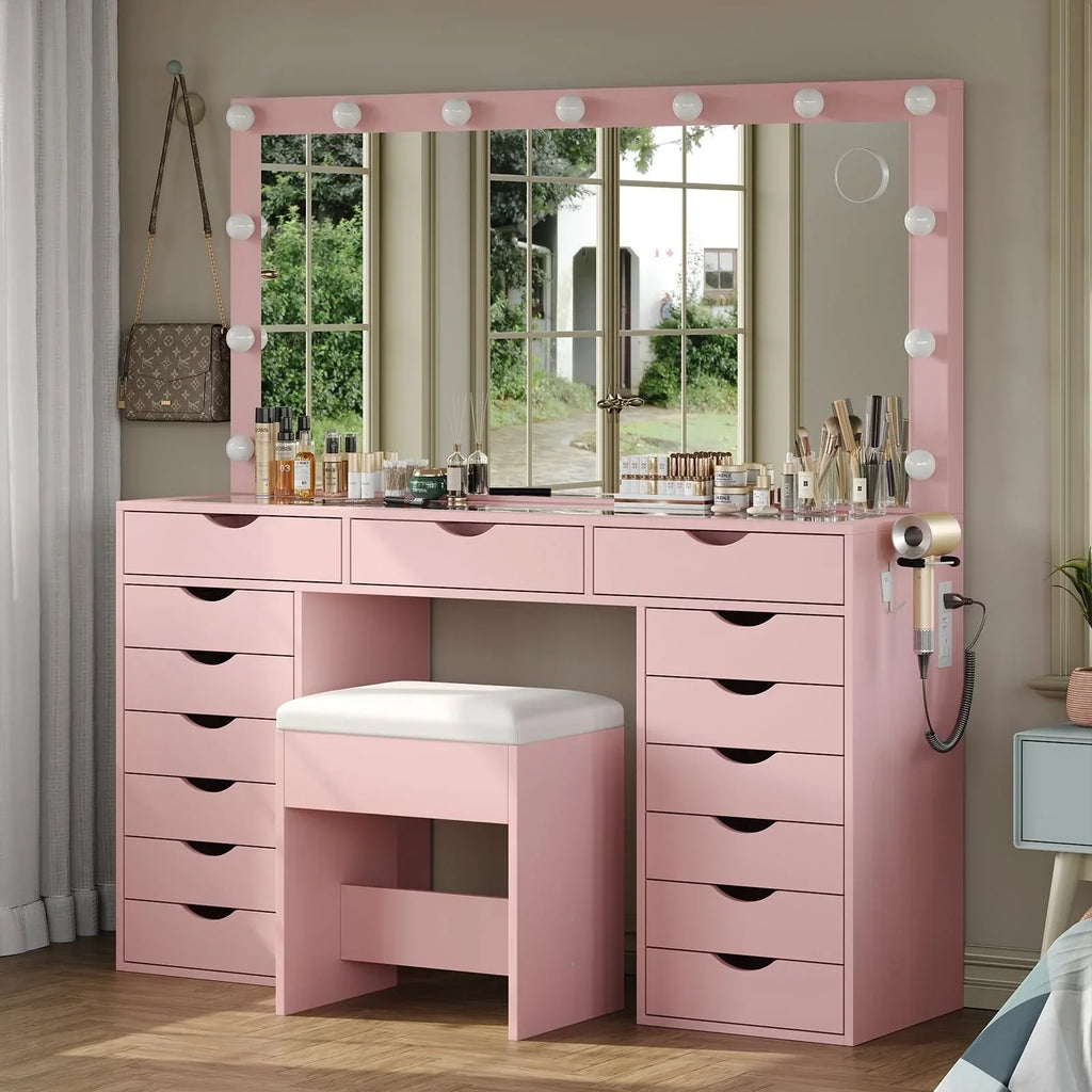 2026 NewYanosaku 15 Drawers Vanity Desk with Power Outlet, Makeup Table with Mirror and 13 LED Lights, 3 Color Lighting Modes, Brightness Adjustable, Glass Top Dressing Table, Vanity Set for Bedroom