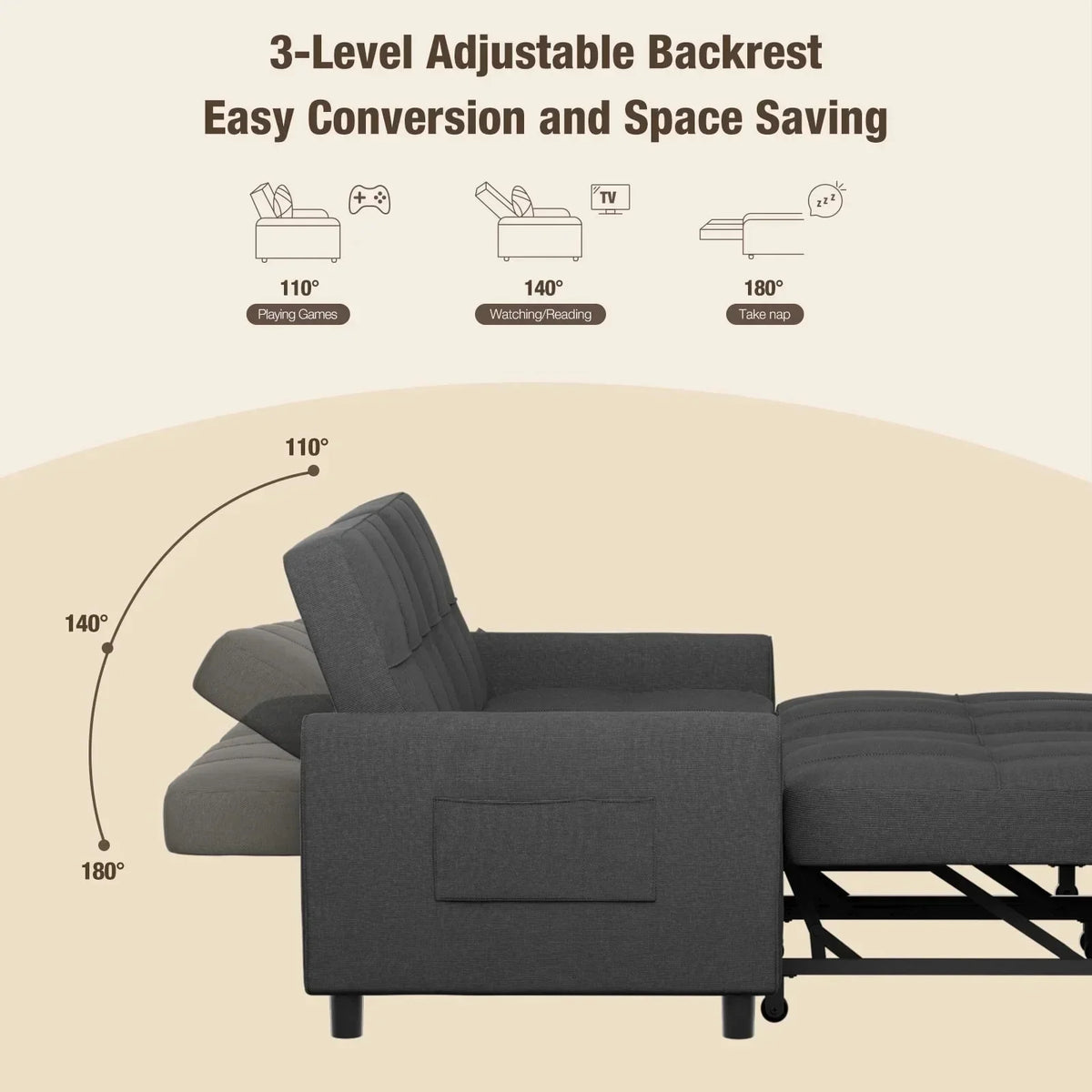 2026 NewSofa Bed, Lofka 3-in-1 Convertible Sleeper Sofa with Storage, Adjustable Backrest & Pull Out Function - Sleeper Chair for Small Space, Apartment, Dark Grey