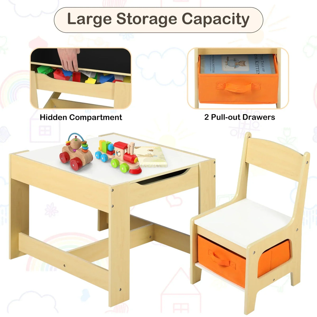 2026 NewLINLUX Kids Table and 2 Chairs Set, Children Activity Table Chairs with Chalkboard/Whiteboard, Grey
