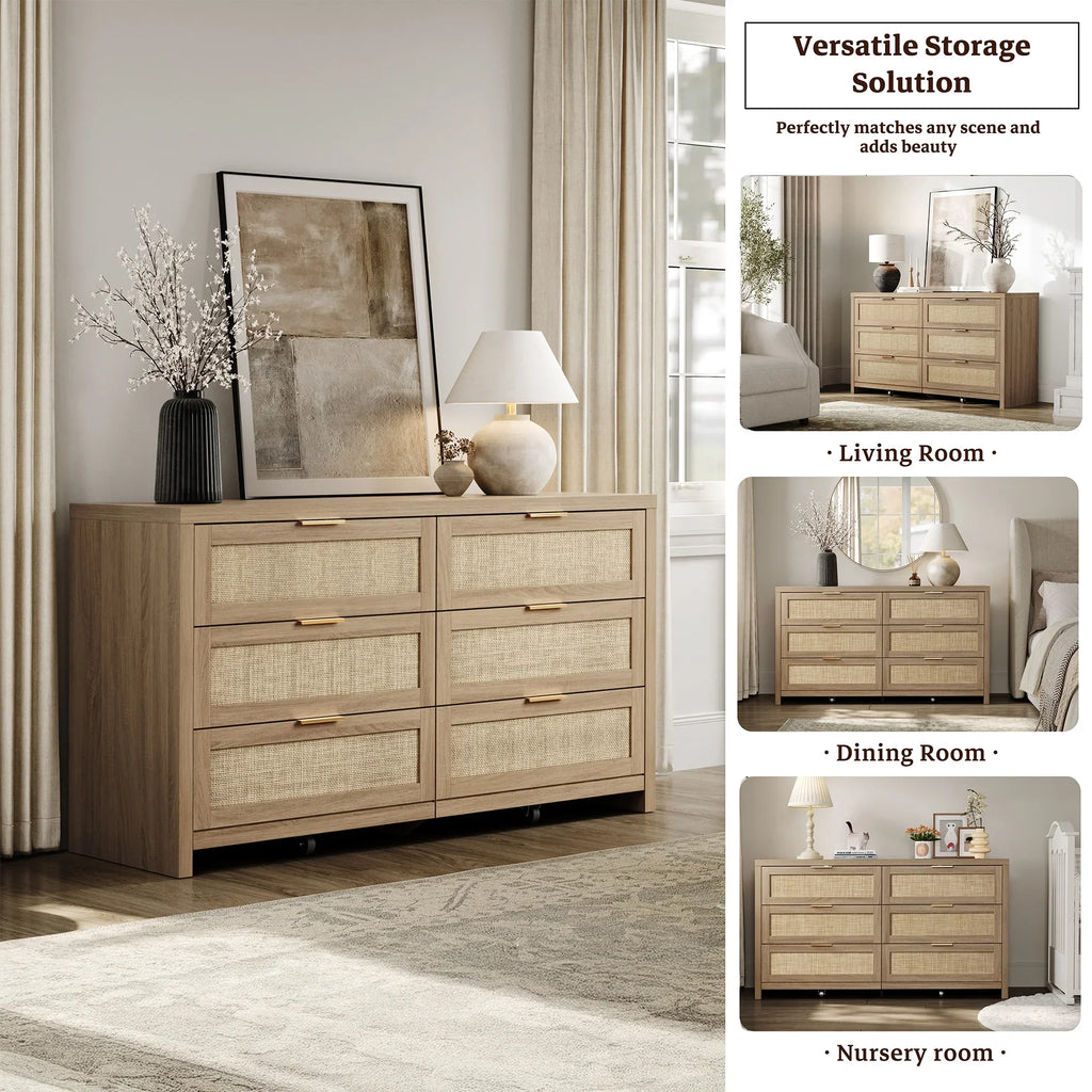 2026 NewSICOTAS 56.85" 6 Drawer Dresser,Rattan Dresser with Storage,Boho Dressers & Chests of Drawers Wooden Tall Dresser for Bedroom
