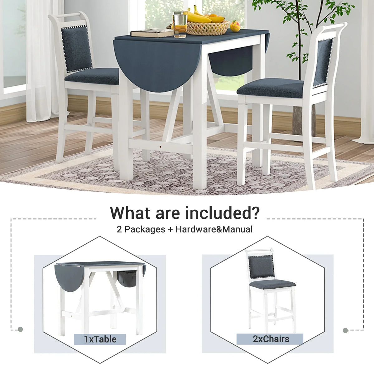 2026 NewHarper & Bright Designs 3 Piece Wood Folding Dining Table Set Drop Leaf Table with 2 Padded Counter Height Dining Chairs for Small Place, Brown