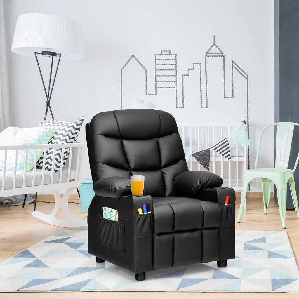 2026 NewInfans Kids Youth Recliner Chair PU Leather w/Cup Holders & Side Pockets Black