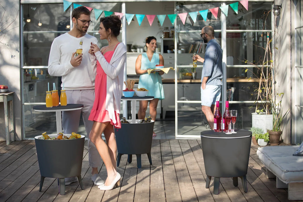 2026 NewKeter Pacific 7.5 Gallon Cool Bar 2 in 1 Weather Resistant Side Table and Bar Durable Resin Outdoor Patio Beverage Cooler Table, Rattan Look Brown