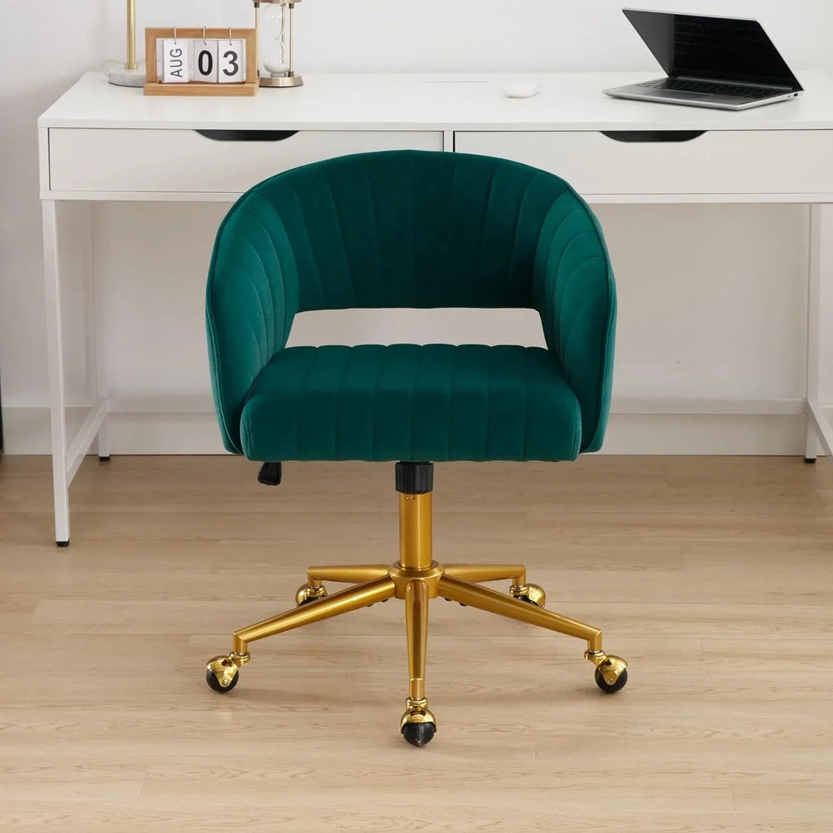 2026 NewWestice Home Office Desk Chairs, Velvet Task Chair, Height Adjustable Swivel Vanity Chair with Golden Base for Vanity Study, Living Room Computer Room, Beige