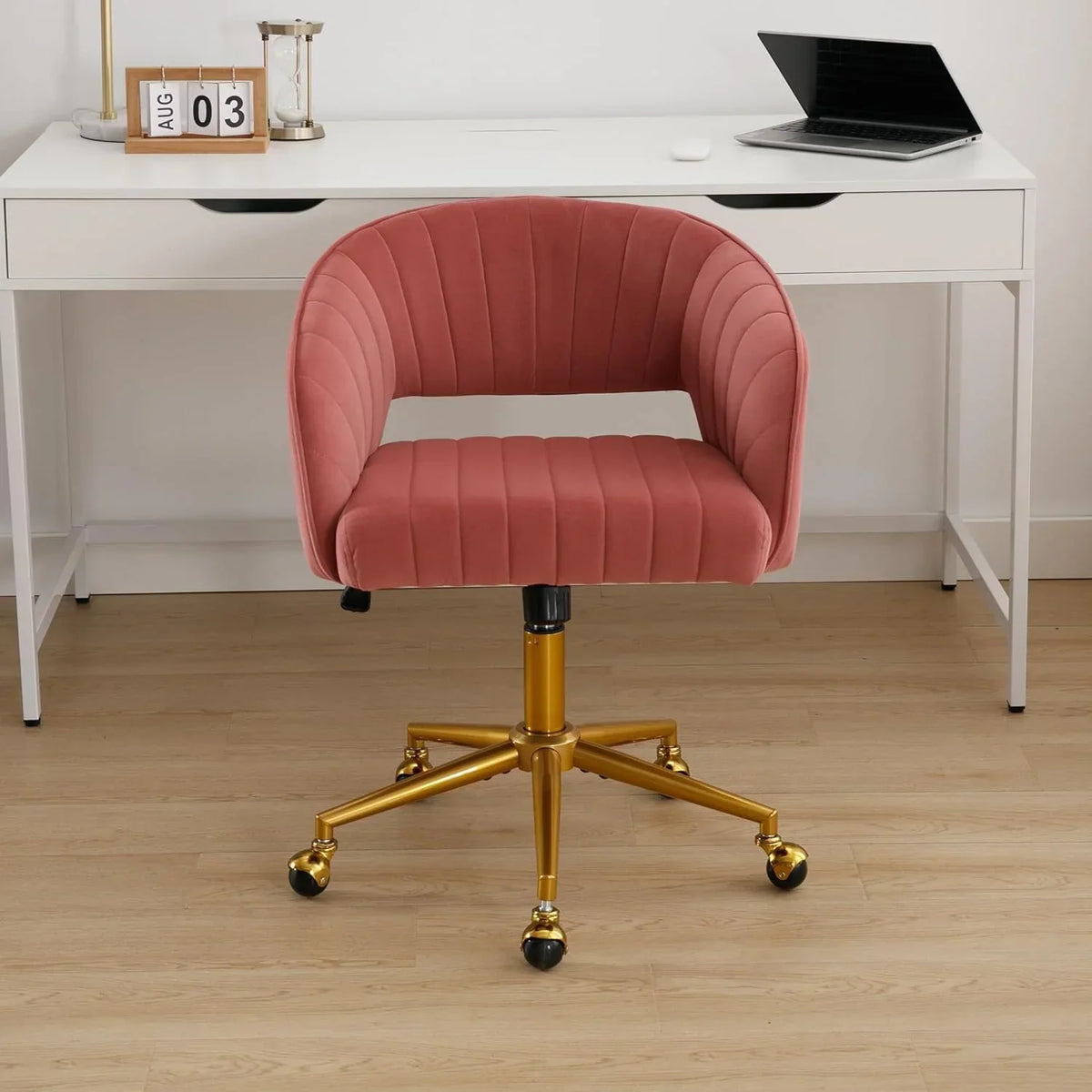 2026 NewWestice Home Office Desk Chairs, Velvet Task Chair, Height Adjustable Swivel Vanity Chair with Golden Base for Vanity Study, Living Room Computer Room, Beige