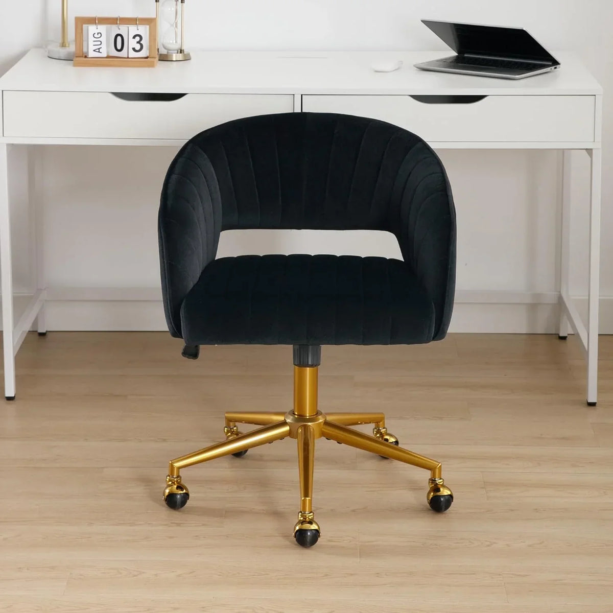 2026 NewWestice Home Office Desk Chairs, Velvet Task Chair, Height Adjustable Swivel Vanity Chair with Golden Base for Vanity Study, Living Room Computer Room, Beige