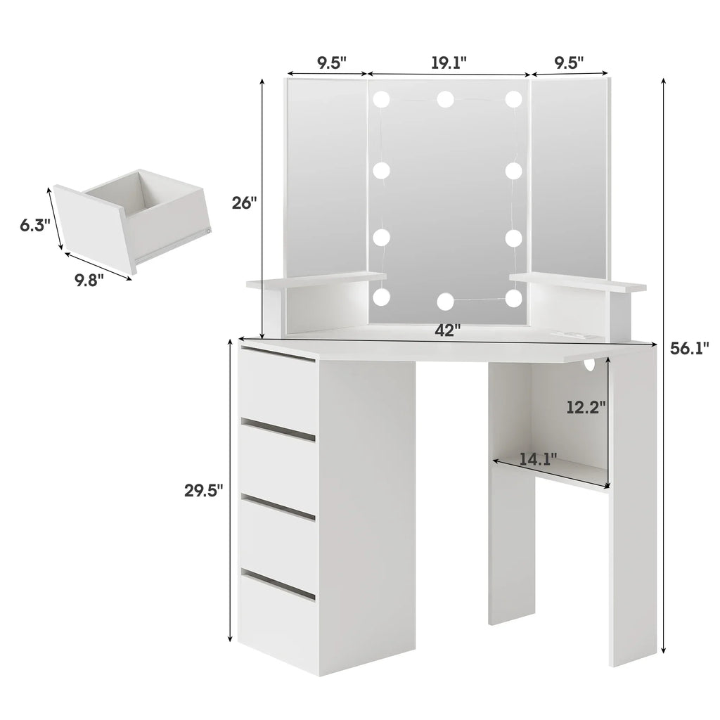 2026 NewVeanerwood White Corner Vanity Desk with Mirror and Light,Makeup Table with 4 Drawers and Charging Station for Bedroom