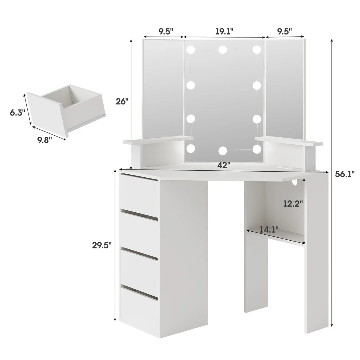 2026 NewVeanerwood White Corner Vanity Desk with Mirror and Light,Makeup Table with 4 Drawers and Charging Station for Bedroom