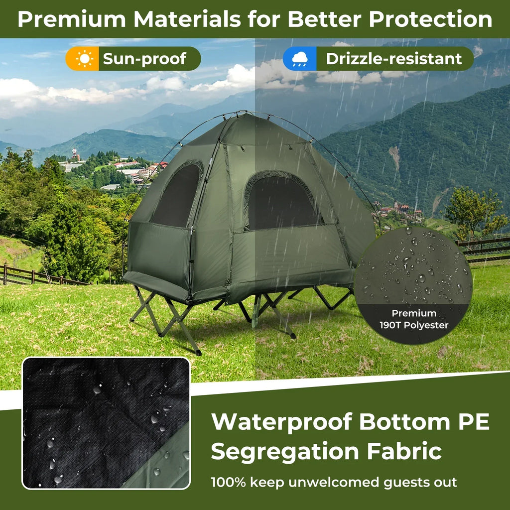 2026 NewPatiojoy Folding 2-Person Camping Tent Cot Portable Pop-Up Tent with Sleeping Bag&Air Mattress for Outdoor Activity