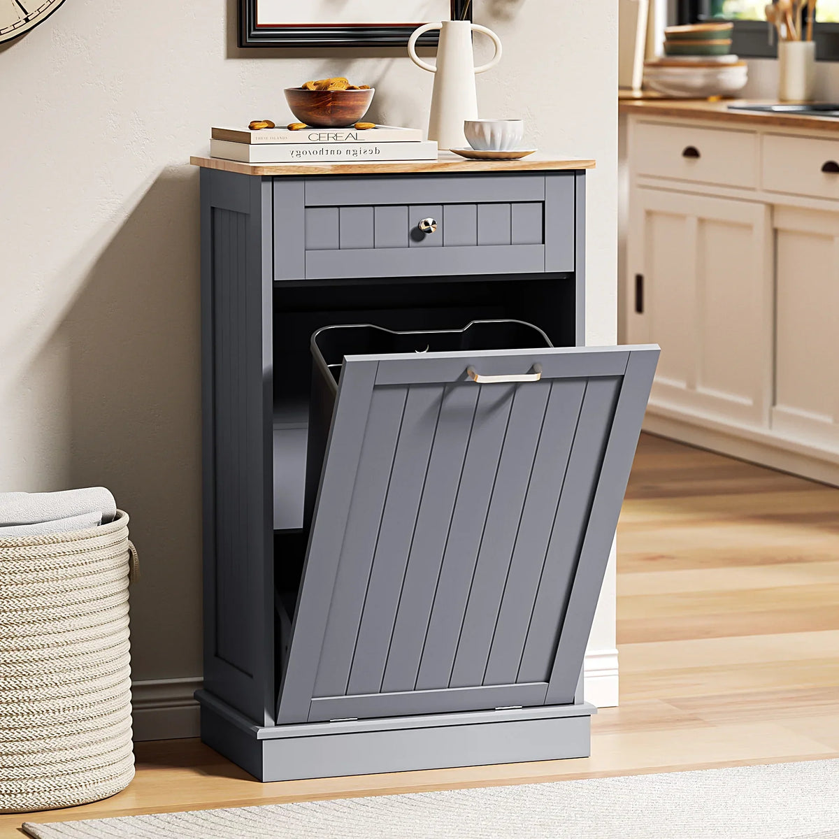 2026 NewHARIPUL Single Tilt Out Trash Cabinet for 13 Gallon Waste Bin, Free Standing Kitchen Trash Can Cabinet with Drawers, White