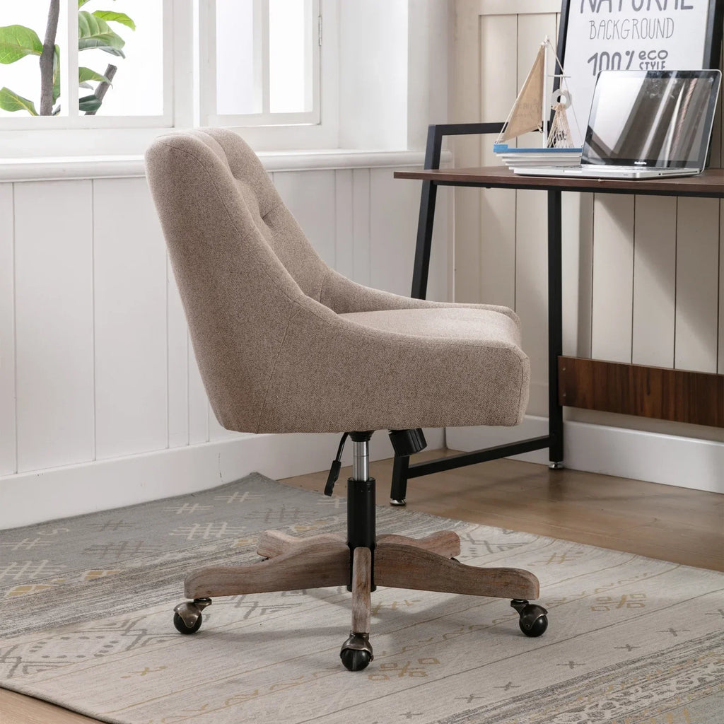 2026 New360 Degree Swivel Office Desk Chair, Upholstered Leisure Vanity Chair with Solid Wood Base and Wheels, Adjustable Height Computer Chair for Bedroom Living Room, Brown