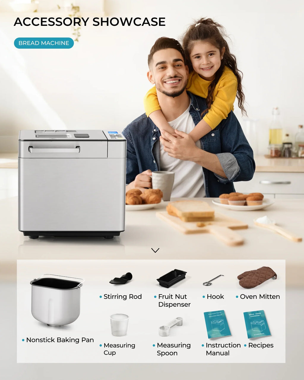 2026 NewSimzlife 25-in-1 Bread Maker Machine, 2LB Capacity for Dough & Bread with Automatic Fruit and Nut Dispenser, Stainless Steel Construction