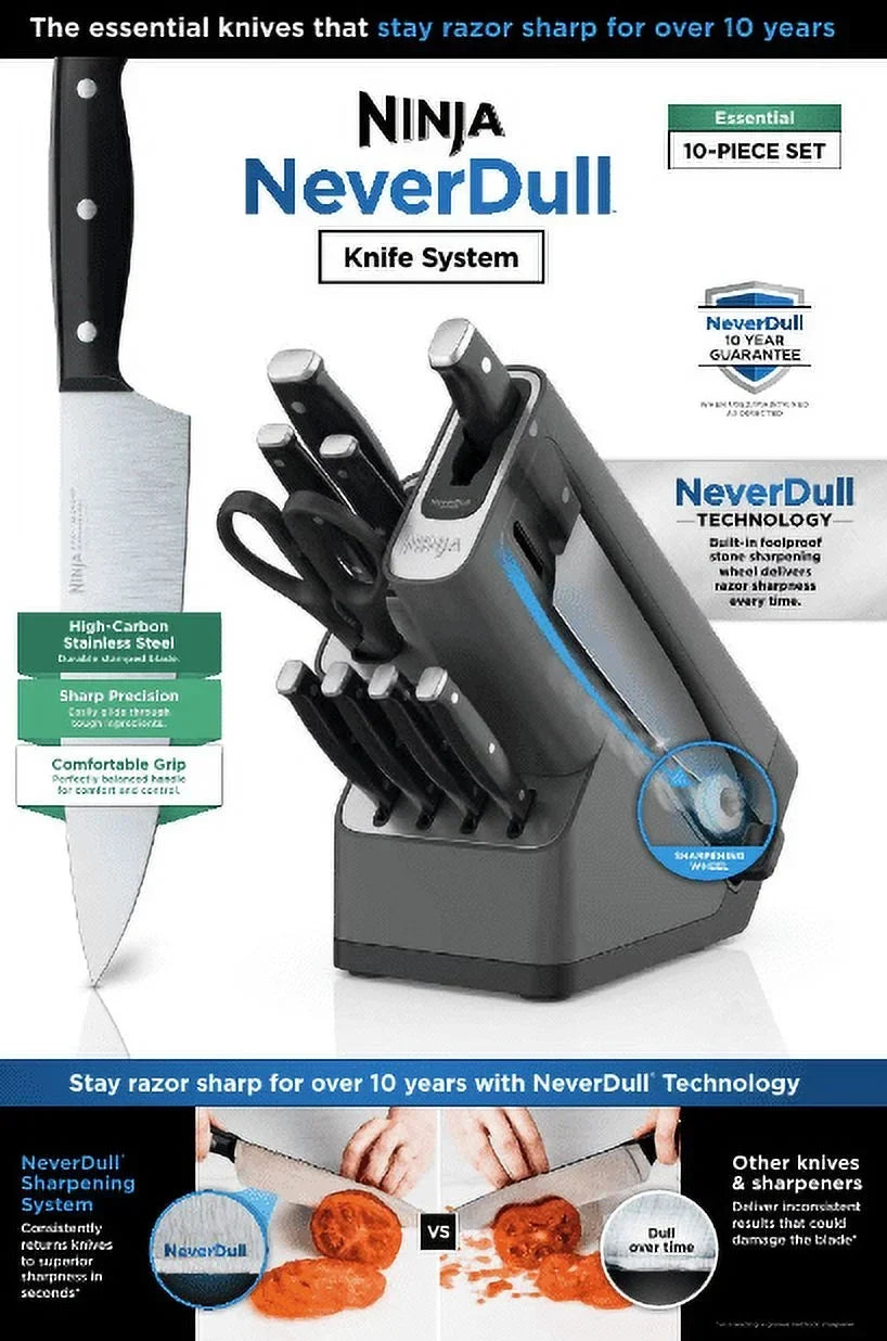 2026 NewNinja Foodi NeverDull 10-Piece Stainless Steel Essential Knife System with Sharpener, K12010 Black/Gray