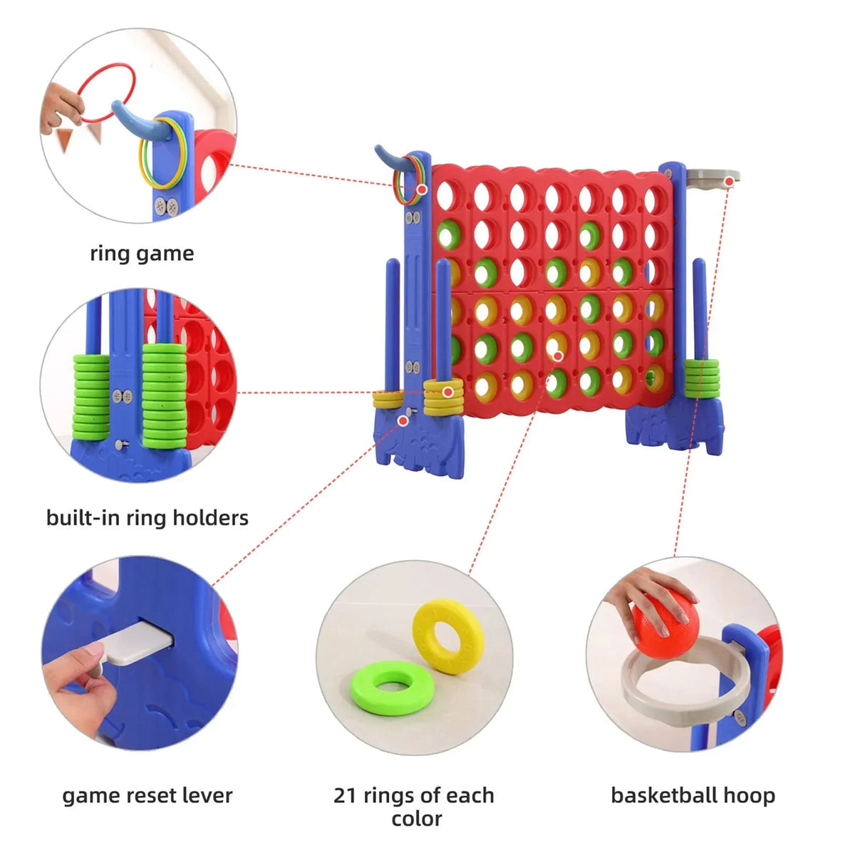 2026 NewUNICOO® 3-in-1 Giant 4 in A Row Game, Featuring Basketball Hoop, Ring Toss Game & 4-to-Score Game. Perfect for Kids & Adults, Parties & Gatherings with Carrying Bag (Red + Blue)