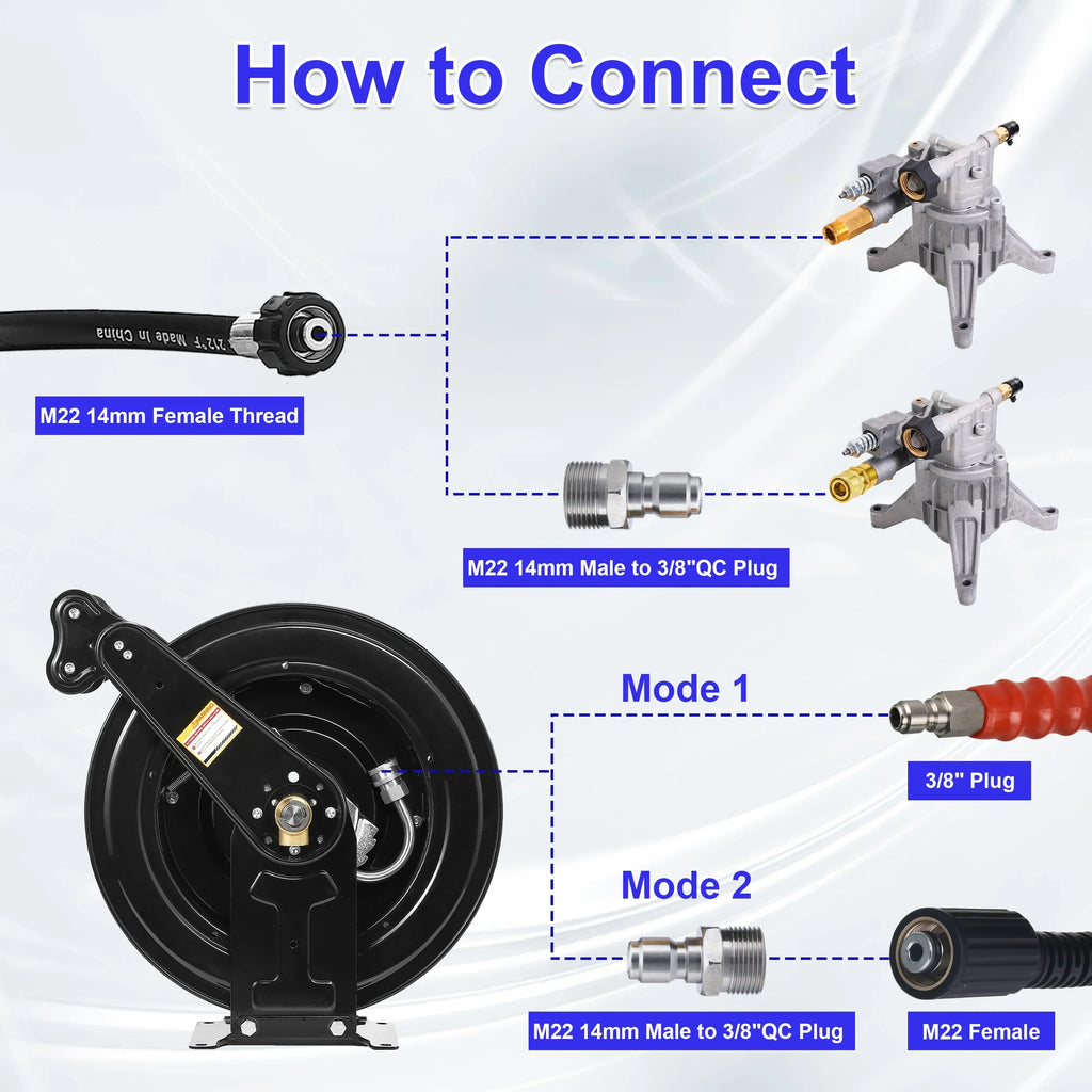 2026 NewAuto-Retractable Pressure Washer Hose Reel, 50FT x 3/8" Heavy Duty Steel Power Washer Hose Reel Dual Arm, 4000 PSI